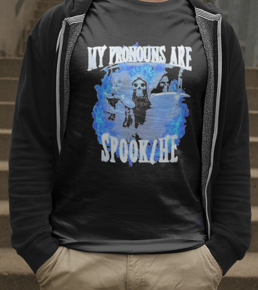 My Pronouns Are Spook He Blue Flames Grim Reaper Trio T-Shirt