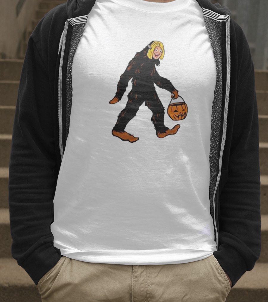 Mystical Halloween Sasquatch Holding Pumpkin Bucket Spooky Costume T-Shirt