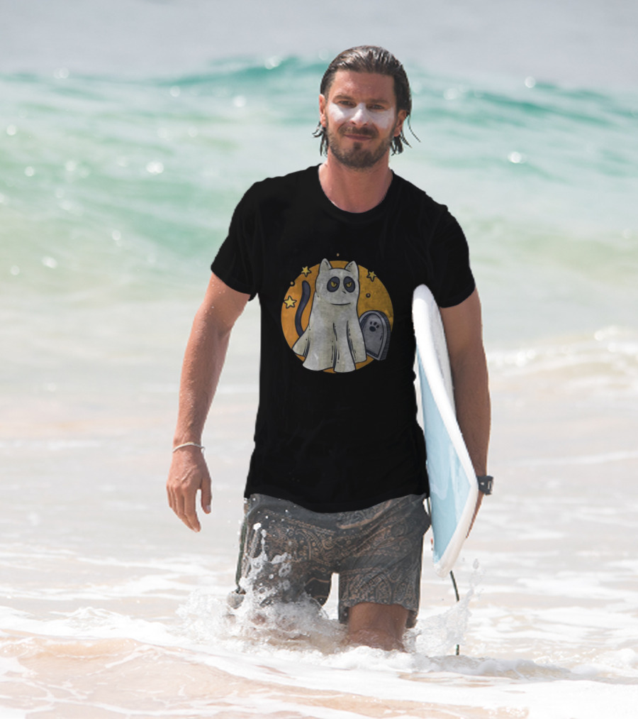 Cute Ghost Cat Halloween Outfit Black Cat With Stars And Tombstone T-Shirt