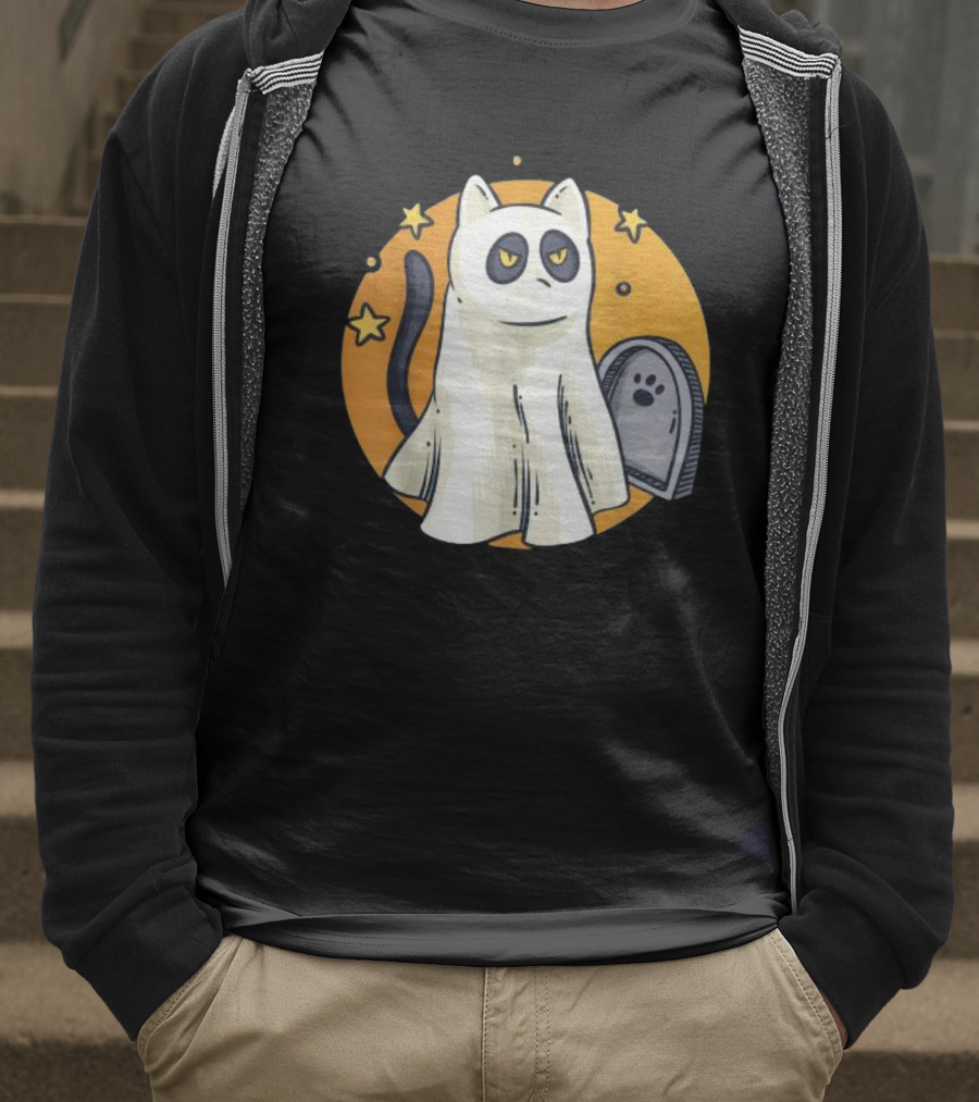 Cute Ghost Cat Halloween Outfit Black Cat With Stars And Tombstone T-Shirt