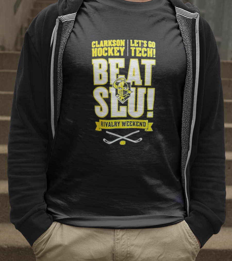 Clarkson Hockey Let's Go Tech Beat SLU Rivalry Weekend Hockey Sticks And Puck T-Shirt