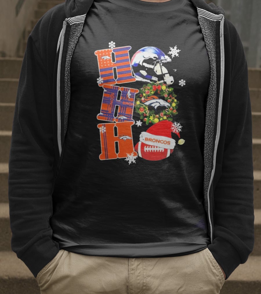 Denver Broncos Ho Ho Ho Merry Christmas Football Helmet Wreath Snowflakes Santa Hat T-Shirt
