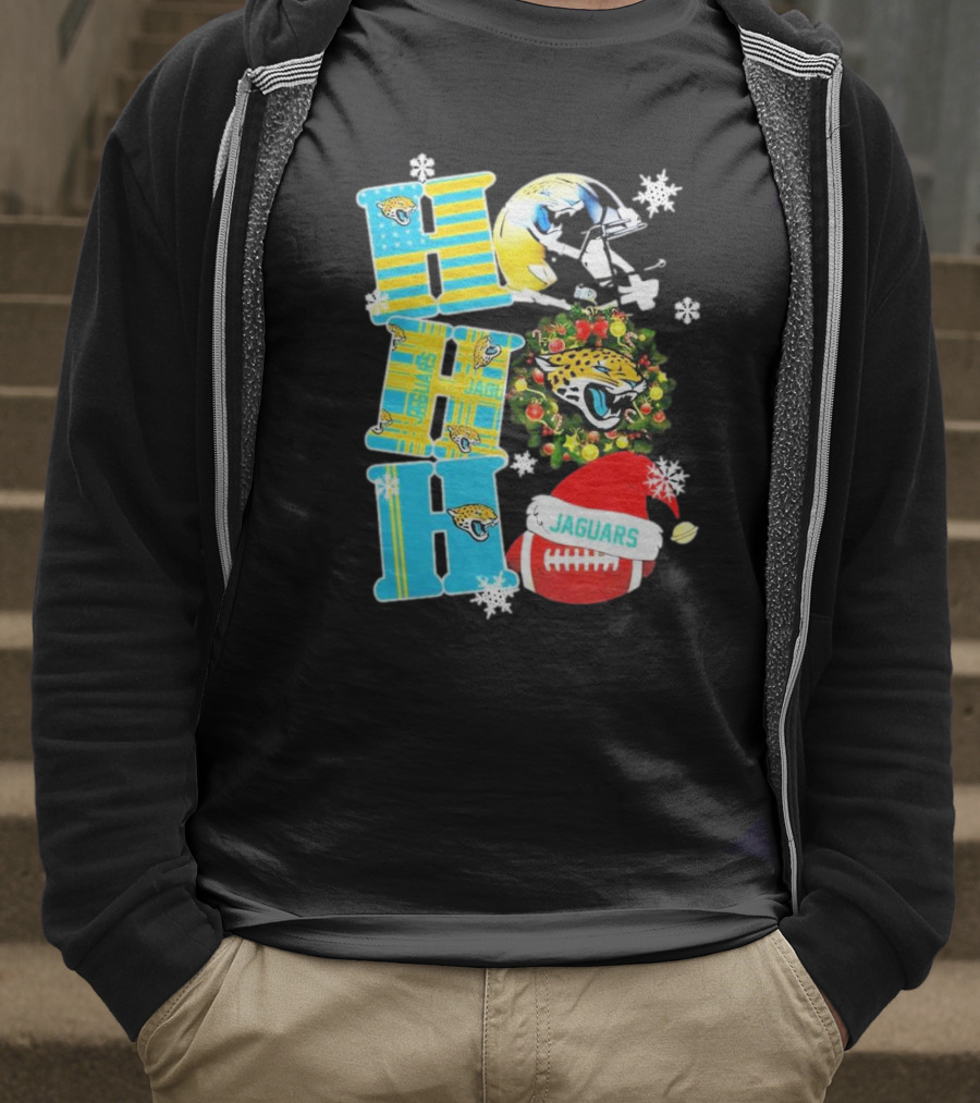 Jacksonville Jaguars Ho Ho Ho Merry Christmas Football Santa Hat Snowflakes Wreath T-Shirt