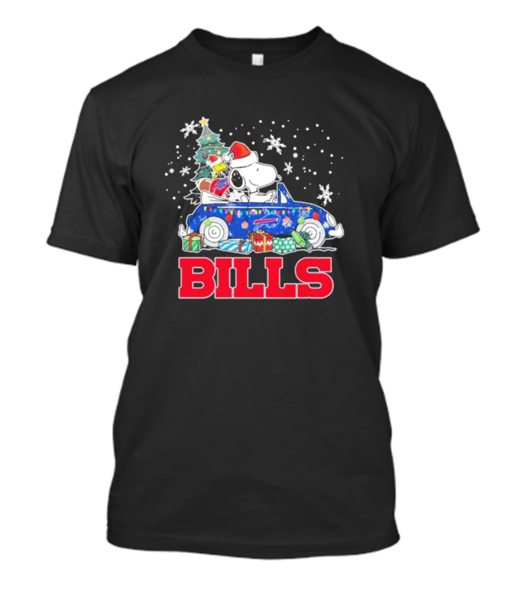 Peanuts Snoopy Woodstock Christmas Car Buffalo Bills Flag Winter Snowflakes T-Shirt