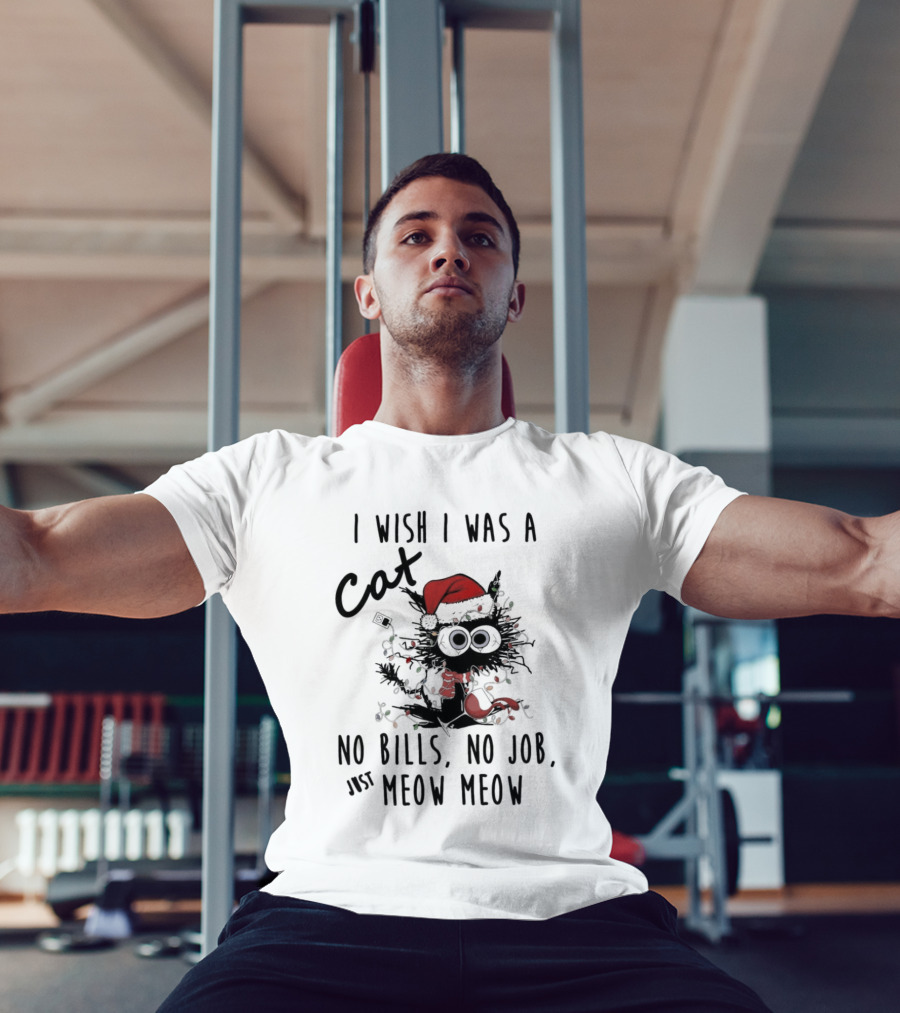 I Wish I Was A Cat No Bills No Job Just Meow Meow Santa Hat Christmas Lights T-Shirt