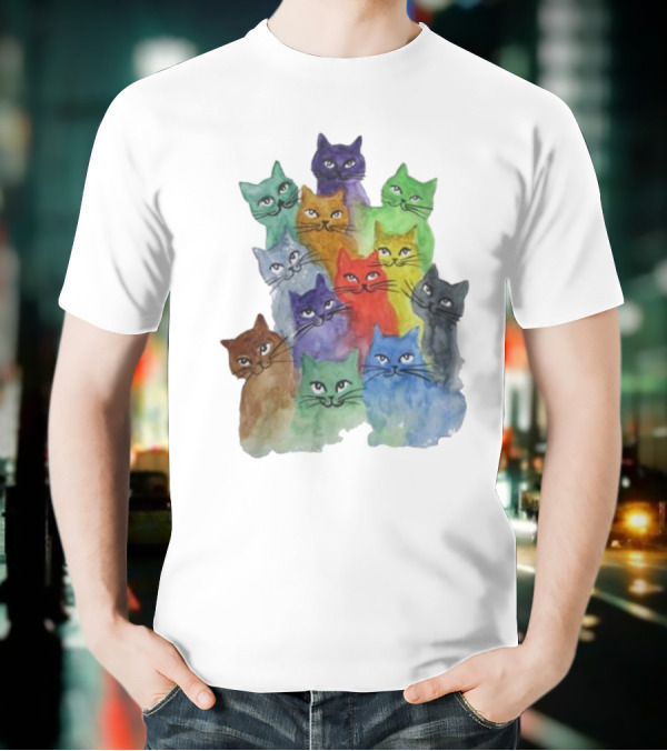 Cats All Around Colorful Watercolor Feline Faces T-Shirt