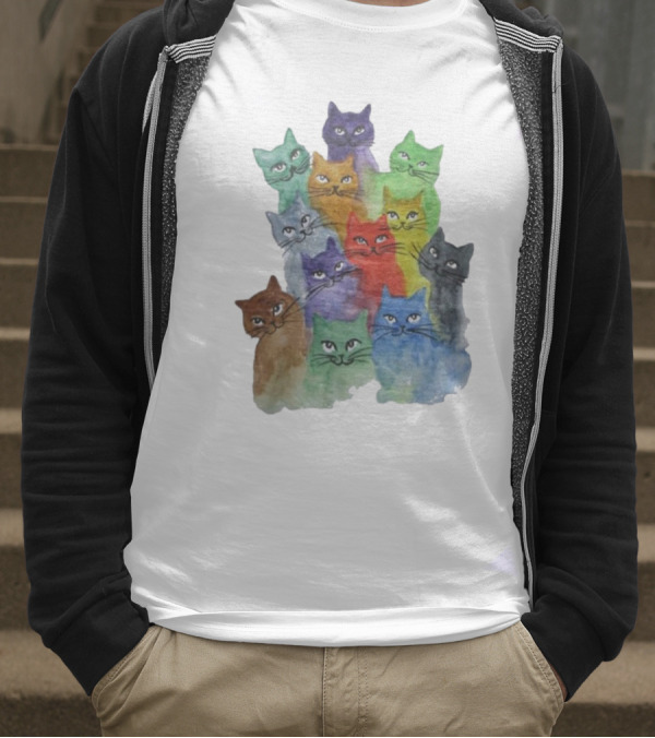 Cats All Around Colorful Watercolor Feline Faces T-Shirt