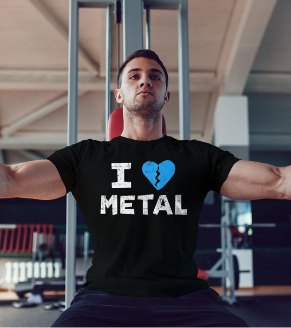 I Love Metal Broken Heart Blue Distressed Text T-Shirt