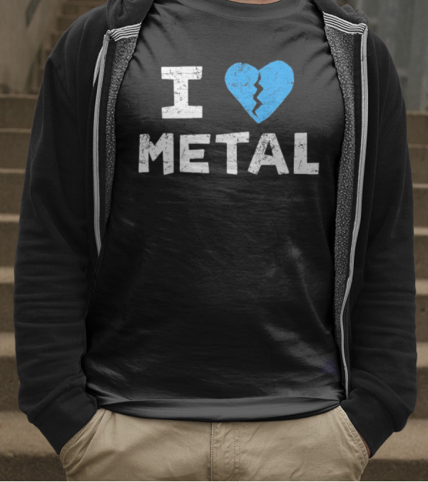 I Love Metal Broken Heart Blue Distressed Text T-Shirt
