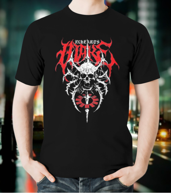 In Hearts Wake Skeletal Skull Red Text T-Shirt