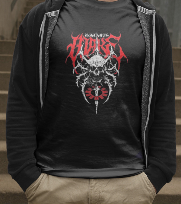 In Hearts Wake Skeletal Skull Red Text T-Shirt