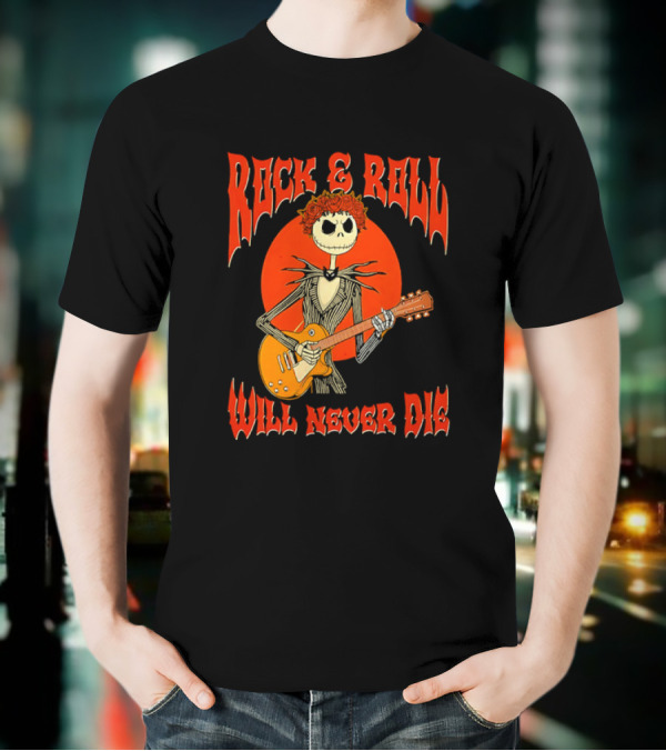 Rock And Roll Will Never Die Jack Skellington Playing Guitar T-Shirt