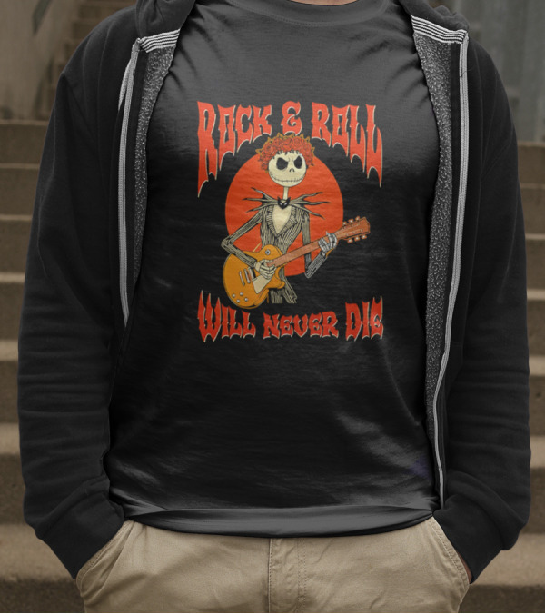 Rock And Roll Will Never Die Jack Skellington Playing Guitar T-Shirt