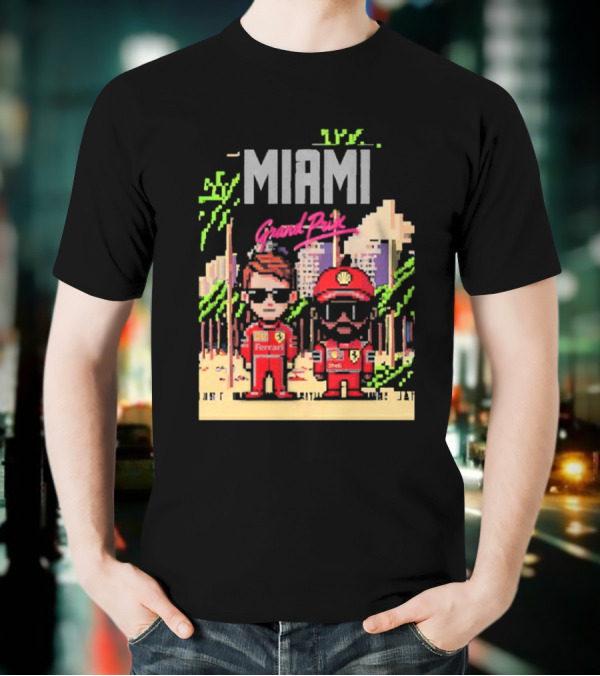 Lewis Hamilton Charles Leclerc Ferrari Team Pixel Style Miami Grand Prix 2025 T-Shirt