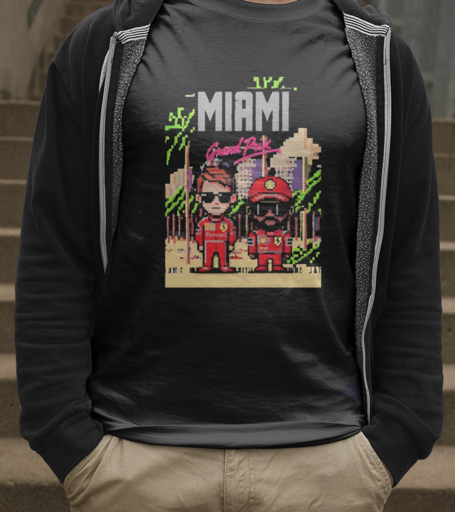 Lewis Hamilton Charles Leclerc Ferrari Team Pixel Style Miami Grand Prix 2025 T-Shirt