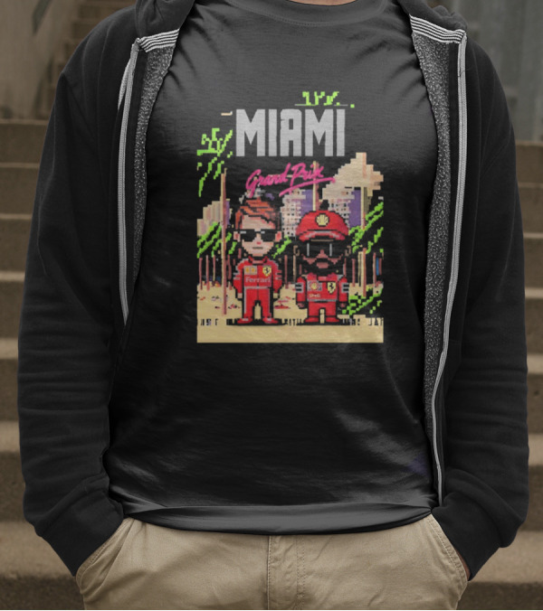 Lewis Hamilton Charles Leclerc Ferrari Team Pixel Style Miami Grand Prix 2025 T-Shirt
