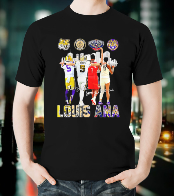 Louisiana Sports Teams 2025 Signatures Skyline Drew Brees Tiger Saint Pelican LSU T-Shirt