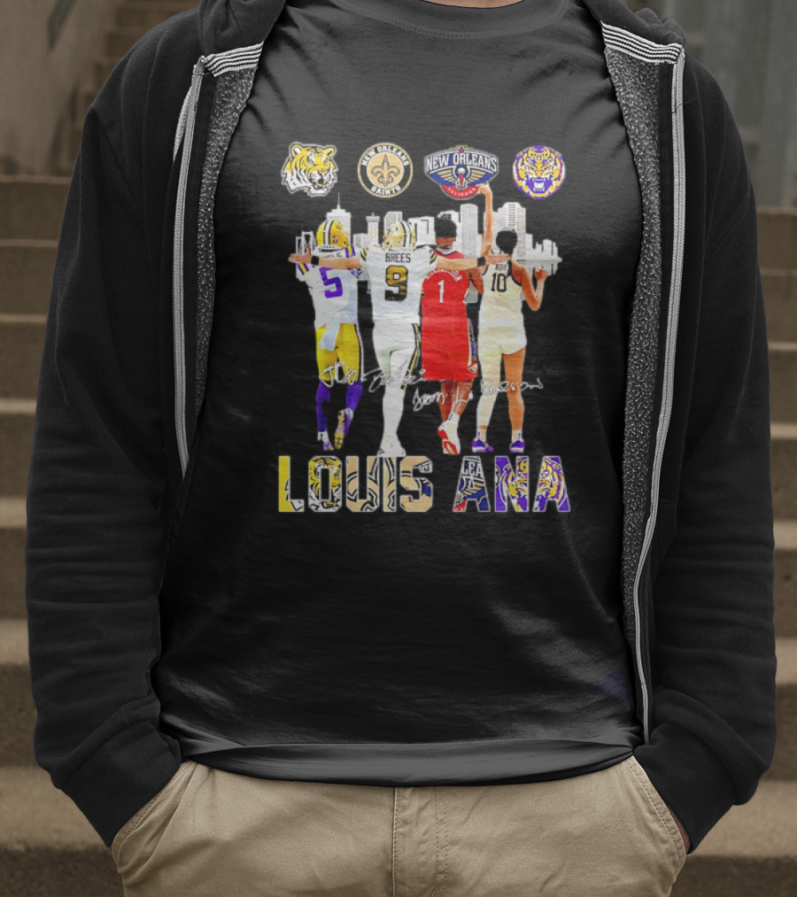 Louisiana Sports Teams 2025 Signatures Skyline Drew Brees Tiger Saint Pelican LSU T-Shirt