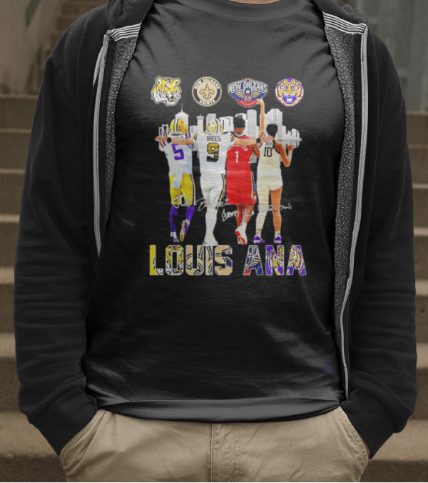 Louisiana Sports Teams 2025 Signatures Skyline Drew Brees Tiger Saint Pelican LSU T-Shirt