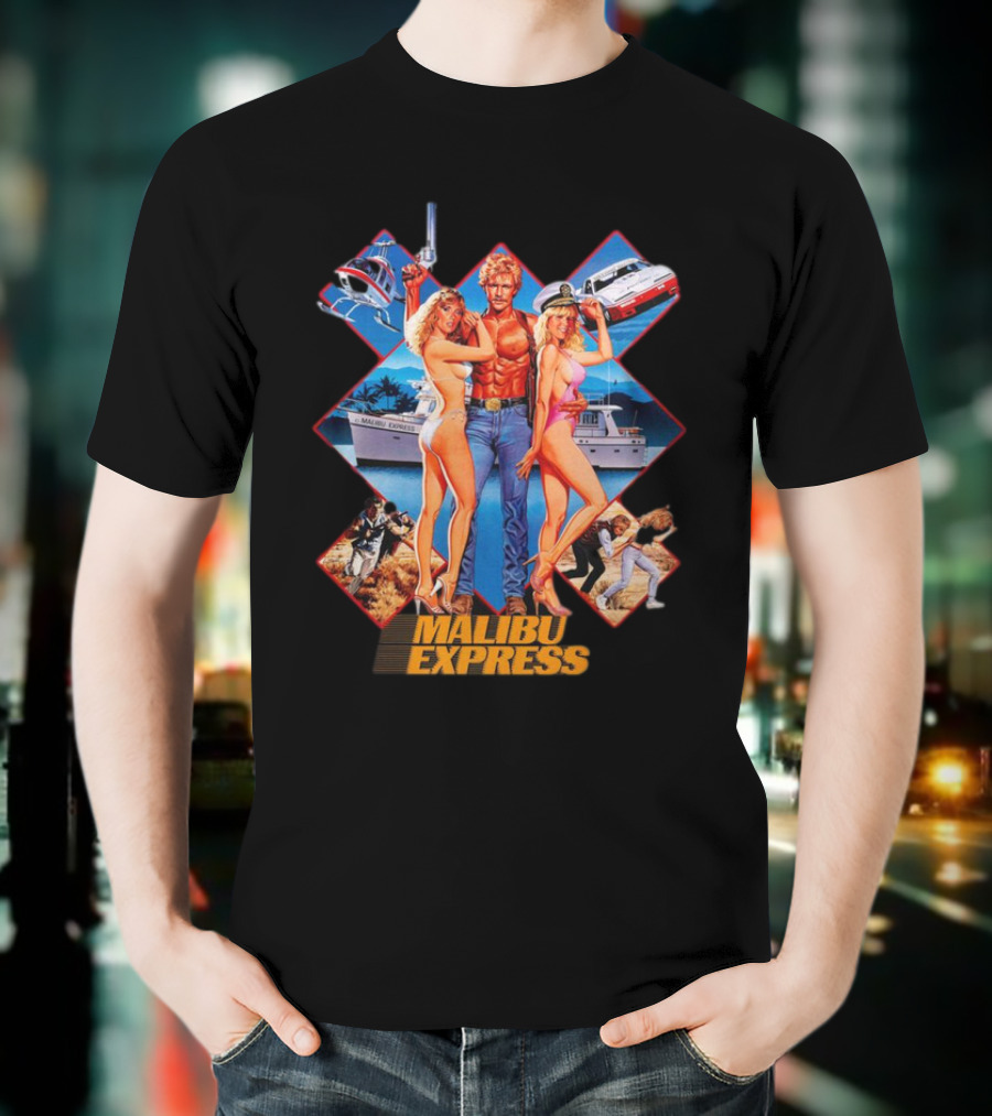 Malibu Express Action Movie 1985 Art With Yacht And Helicopter T-Shirt
