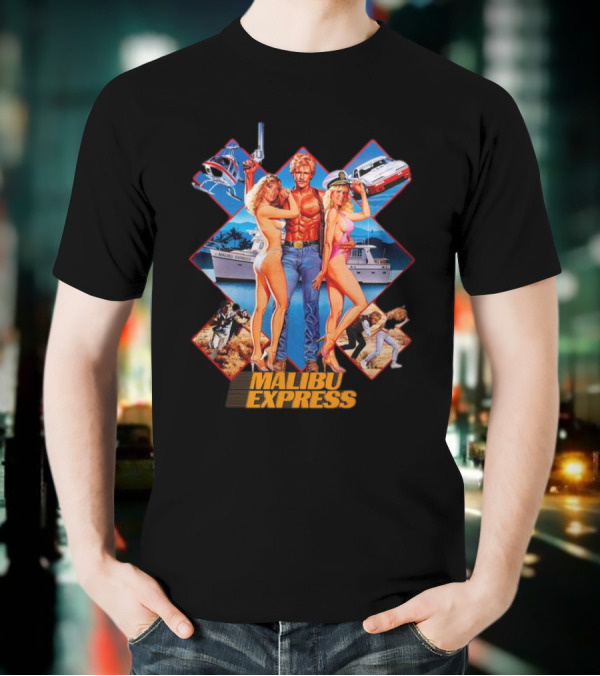 Malibu Express Action Movie 1985 Art With Yacht And Helicopter T-Shirt