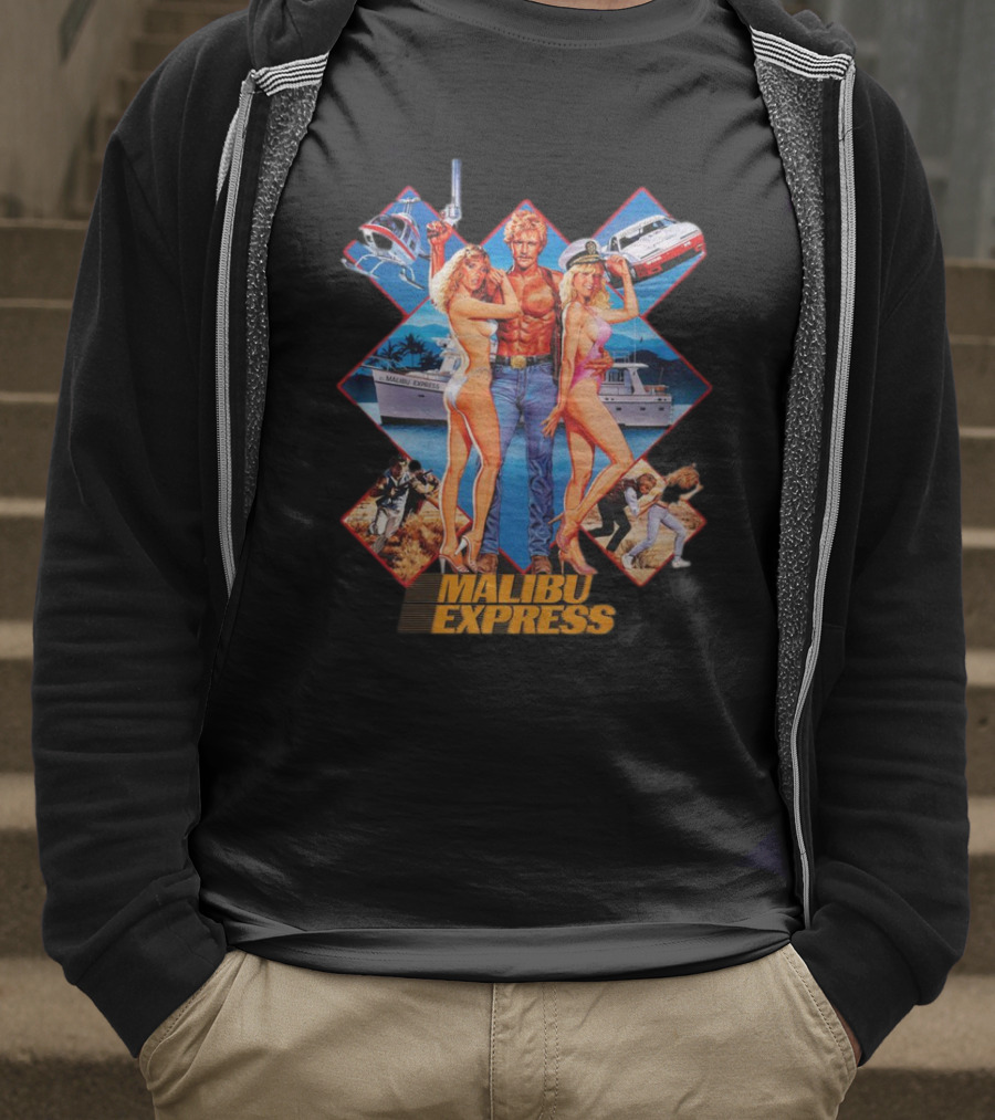Malibu Express Action Movie 1985 Art With Yacht And Helicopter T-Shirt