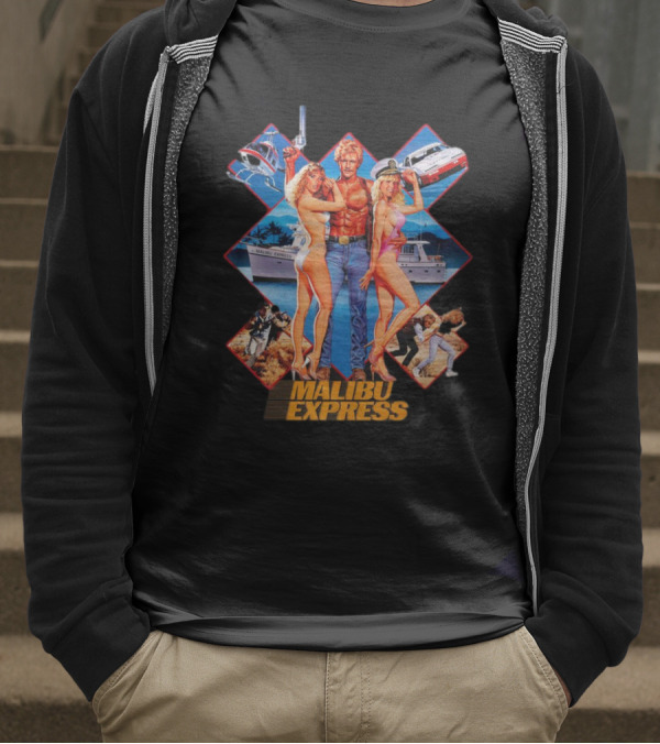 Malibu Express Action Movie 1985 Art With Yacht And Helicopter T-Shirt