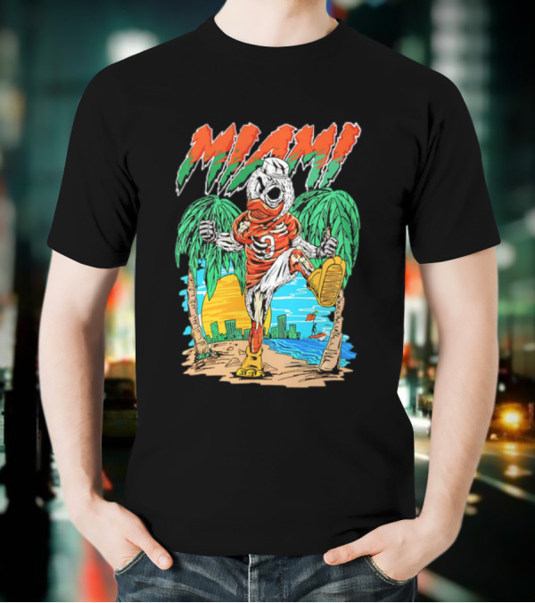 Miami Hurricanes Sebastian The Ibis Palm Trees Cityscape Sunrise T-Shirt