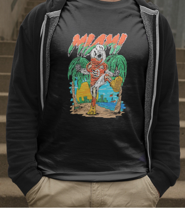 Miami Hurricanes Sebastian The Ibis Palm Trees Cityscape Sunrise T-Shirt