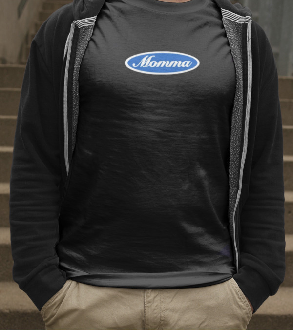 Momma Blue Oval White Script Text T-Shirt