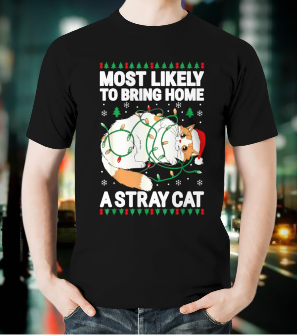Most Likely To Bring Home A Stray Cat Christmas Lights Santa Hat Festive Holiday Cat T-Shirt