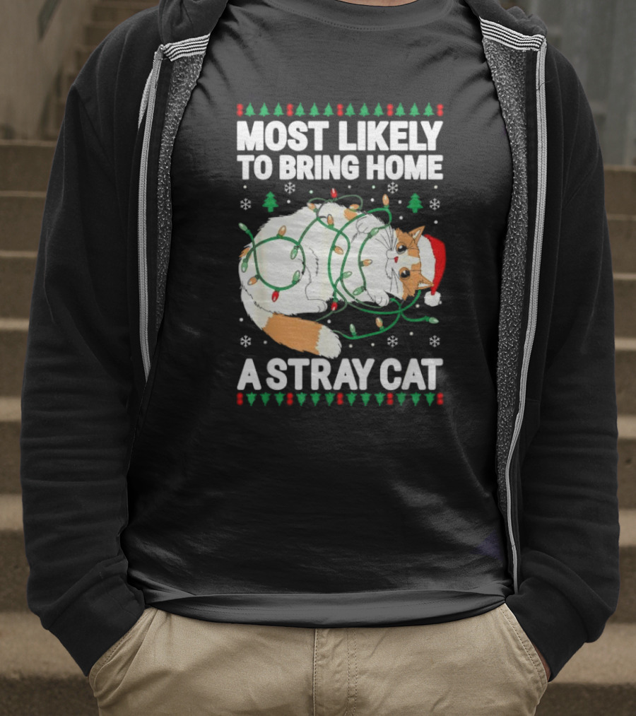 Most Likely To Bring Home A Stray Cat Christmas Lights Santa Hat Festive Holiday Cat T-Shirt