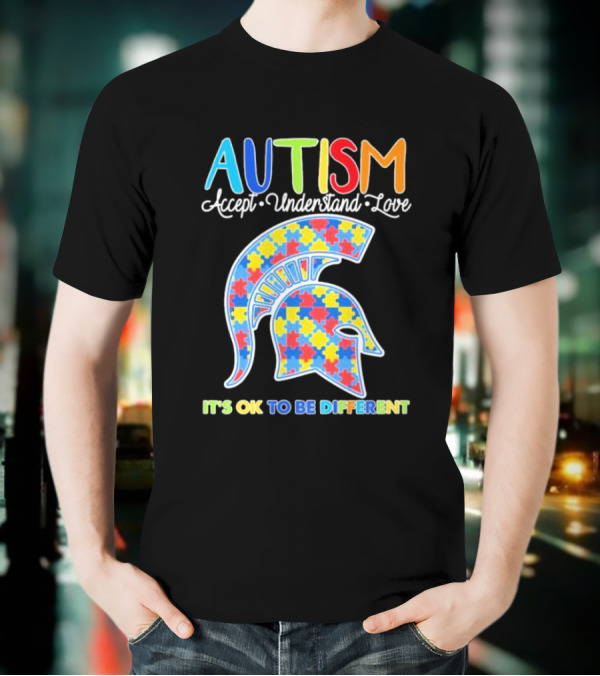 Autism Accept Understand Love It's OK To Be Different Puzzle Pattern Spartan Helmet T-Shirt
