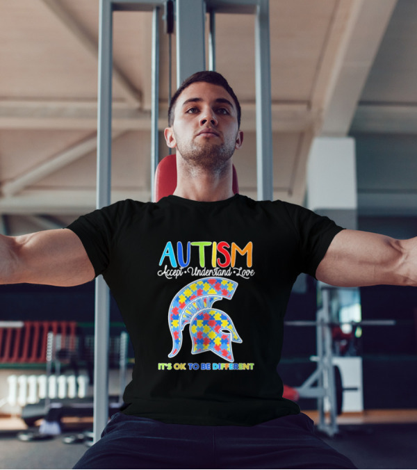 Autism Accept Understand Love It's OK To Be Different Puzzle Pattern Spartan Helmet T-Shirt