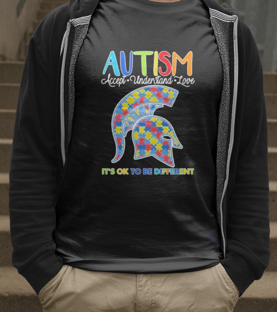 Autism Accept Understand Love It's OK To Be Different Puzzle Pattern Spartan Helmet T-Shirt