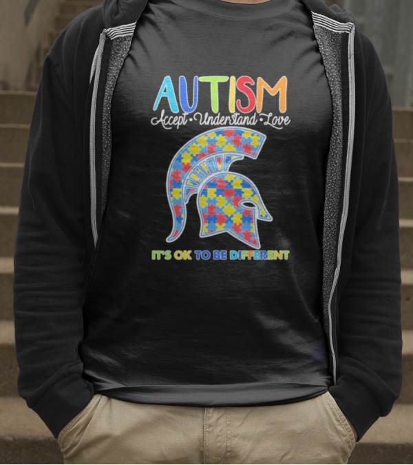 Autism Accept Understand Love It's OK To Be Different Puzzle Pattern Spartan Helmet T-Shirt