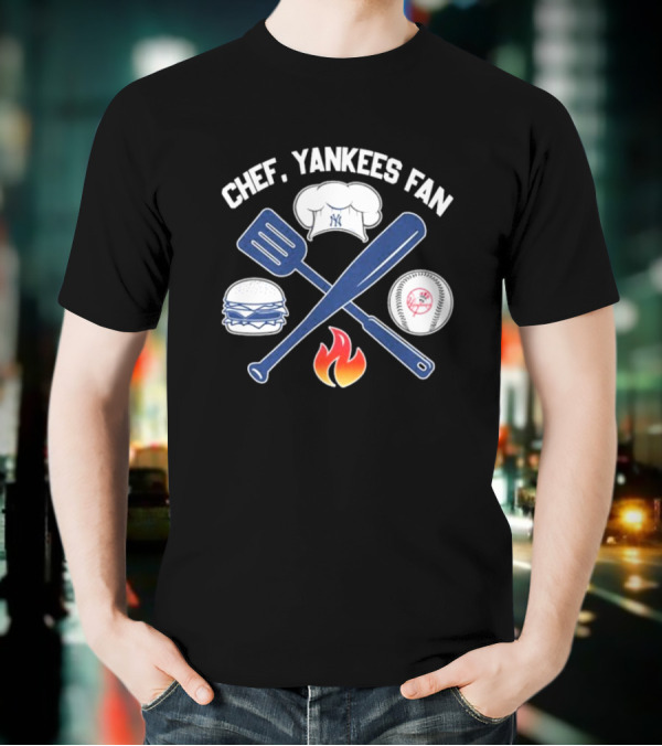 Chef Yankees Fan Hamburgers BBQ Baseball Cap Crossed Spatula Bat Fire Icon T-Shirt
