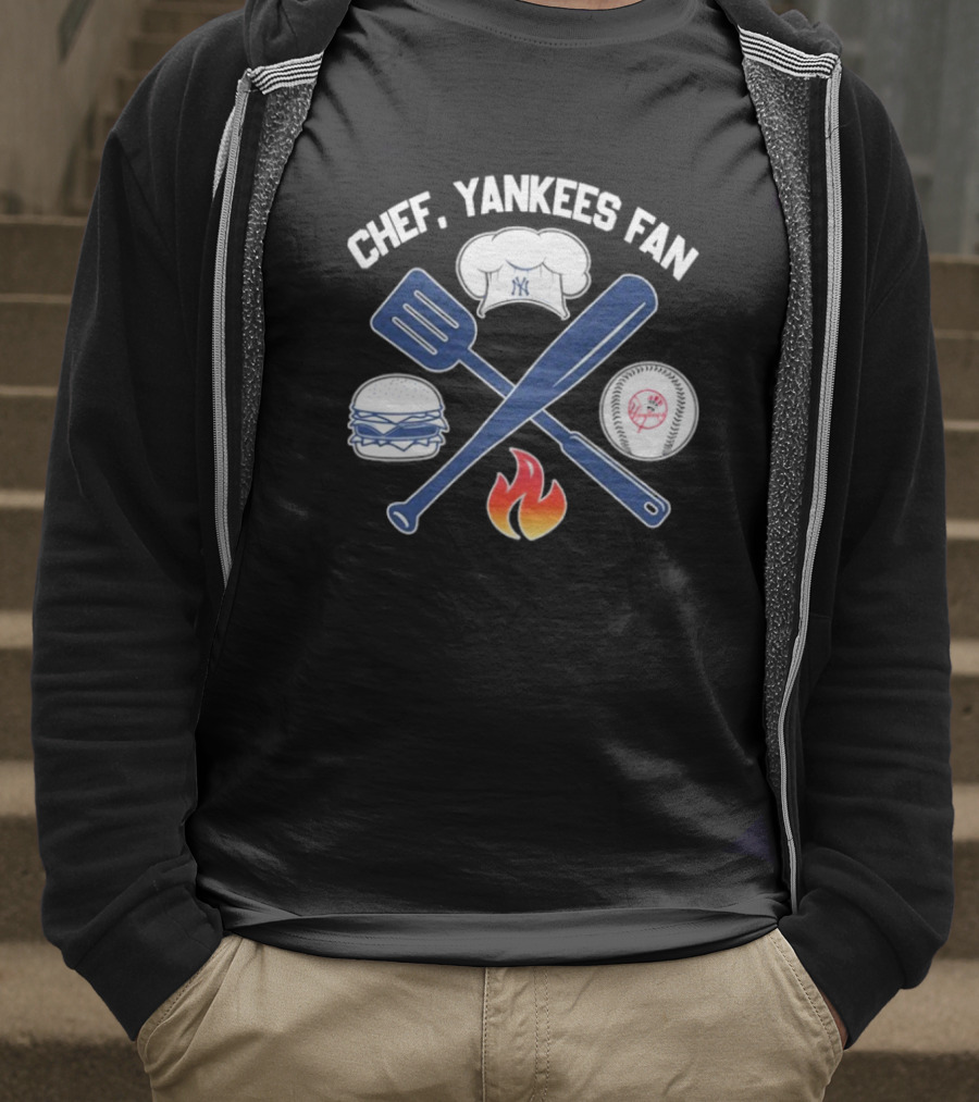 Chef Yankees Fan Hamburgers BBQ Baseball Cap Crossed Spatula Bat Fire Icon T-Shirt
