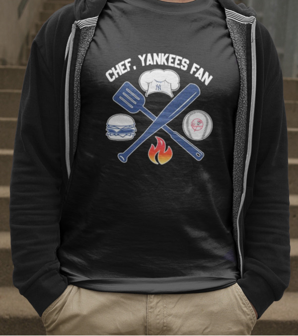 Chef Yankees Fan Hamburgers BBQ Baseball Cap Crossed Spatula Bat Fire Icon T-Shirt