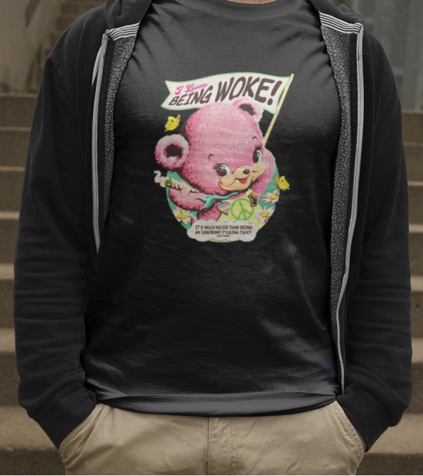 I Love Being Woke Cute Pink Bear Peace Symbol Butterflies T-Shirt