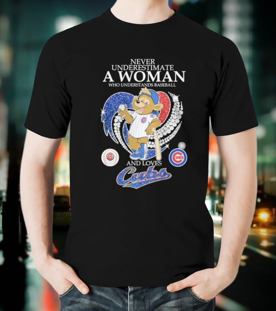 Never Underestimate A Woman Who Understands Baseball And Loves Cubs Chicago Mascot Clark Diamond Heart T-Shirt