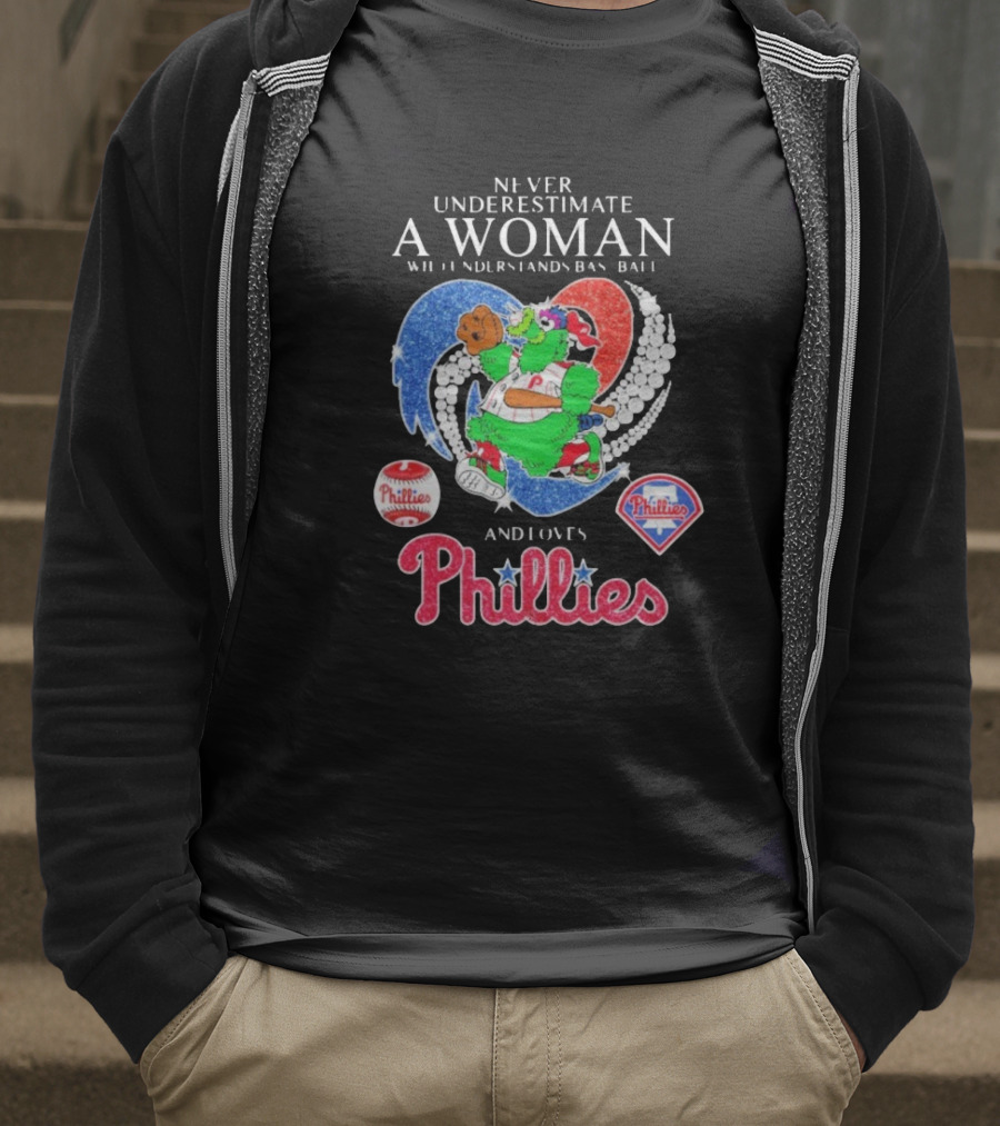 Never Underestimate A Woman Who Understands Baseball And Loves Phillies Mascot Diamond Heart T-Shirt