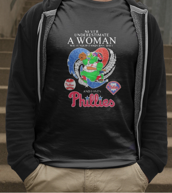 Never Underestimate A Woman Who Understands Baseball And Loves Phillies Mascot Diamond Heart T-Shirt