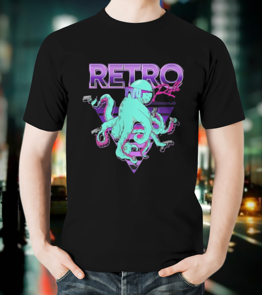 Retro Rifle Octoglock Neon Octopus With Guns And Sunglasses T-Shirt