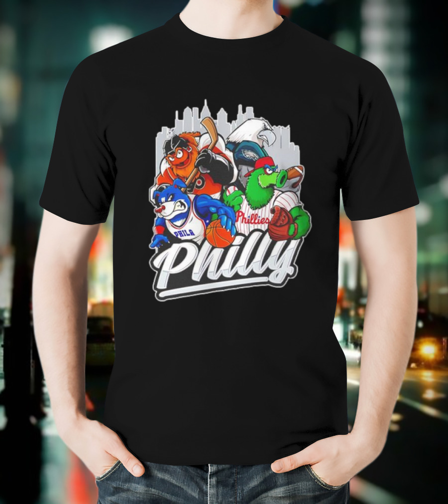 Philly Sports Mascots Basketball Baseball Hockey City Skyline T-Shirt
