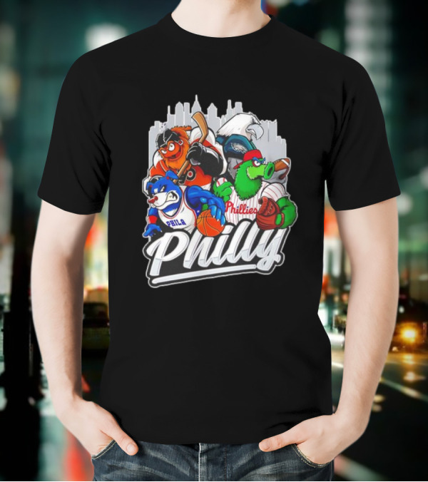 Philly Sports Mascots Basketball Baseball Hockey City Skyline T-Shirt