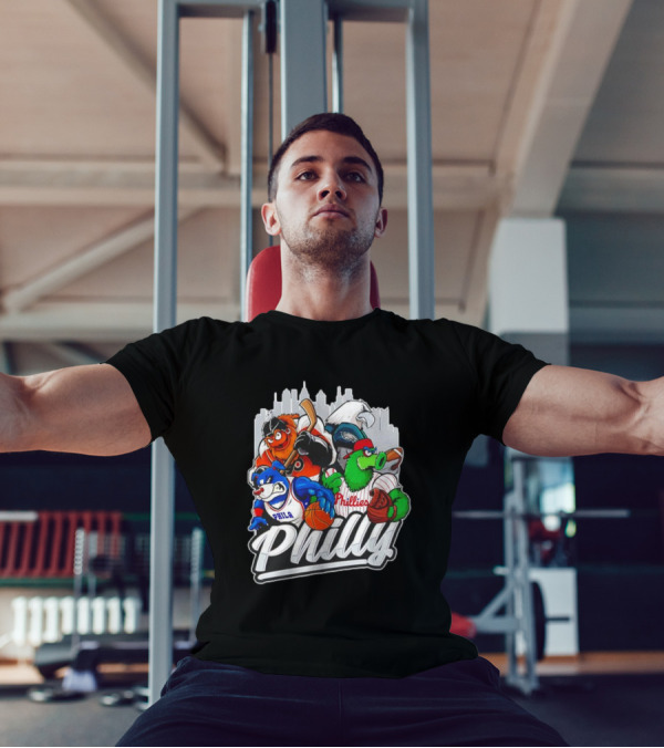 Philly Sports Mascots Basketball Baseball Hockey City Skyline T-Shirt