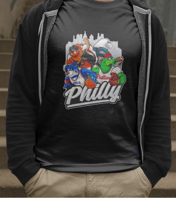 Philly Sports Mascots Basketball Baseball Hockey City Skyline T-Shirt
