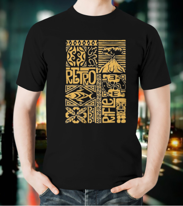 Retro Rifle Lei Em Down Pacific Island Tiki Volcano Palm Tree Ocean Waves Design T-Shirt