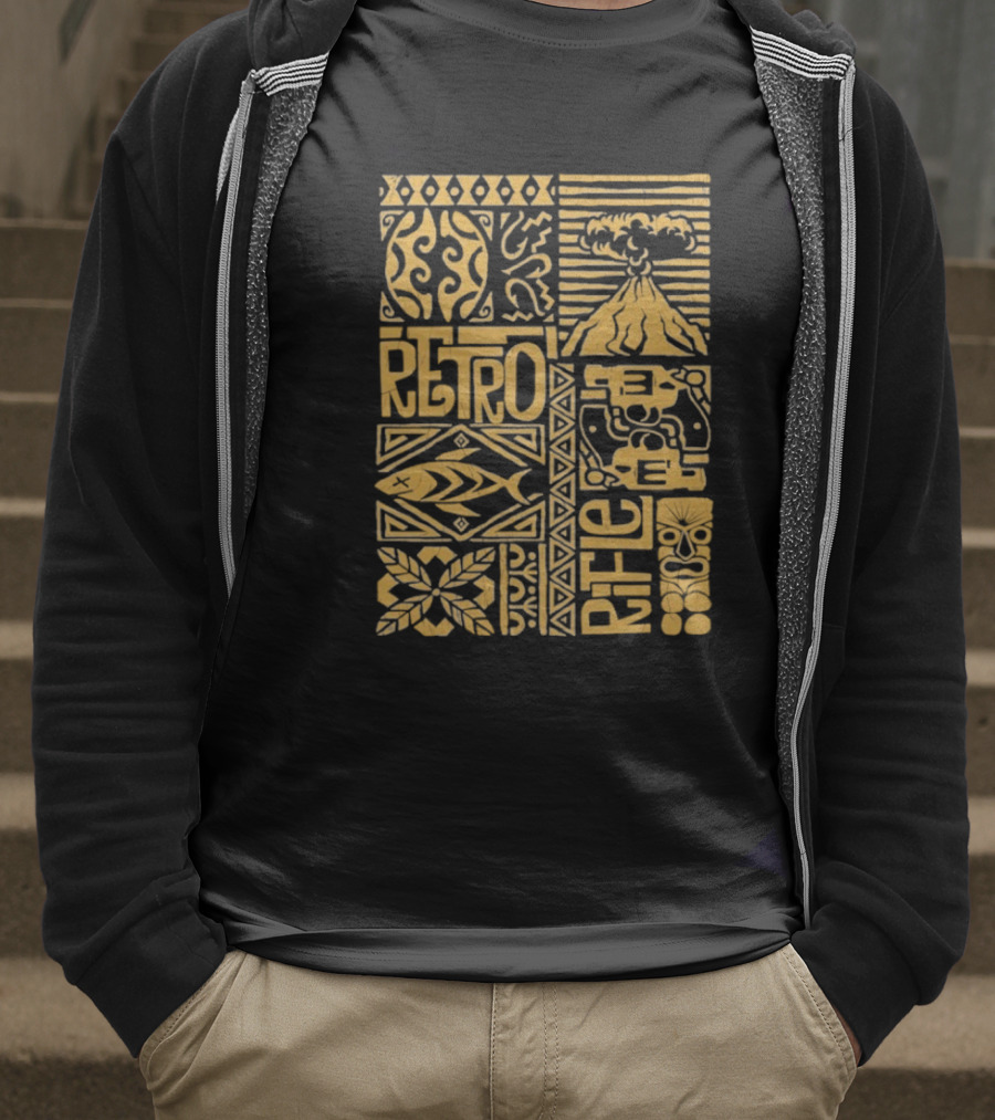 Retro Rifle Lei Em Down Pacific Island Tiki Volcano Palm Tree Ocean Waves Design T-Shirt